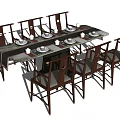 Classic Wooden Dining Table Set With Six Matching Chairs And Tableware 3d model