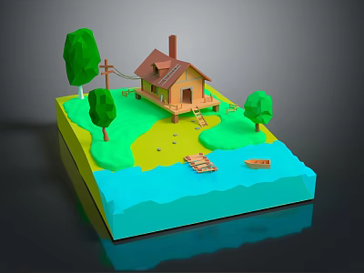 Cartoon Scene Featuring Small Wooden House Green Trees Grass Blue Water Wooden Bridge And Boat 3d model