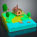 Cartoon Scene Featuring Small Wooden House Green Trees Grass Blue Water Wooden Bridge And Boat