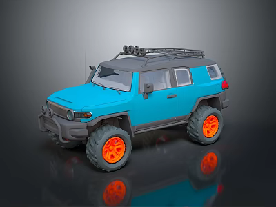 Modern Blue Off Road SUV With Orange Wheels And Roof Rack Design 3d model