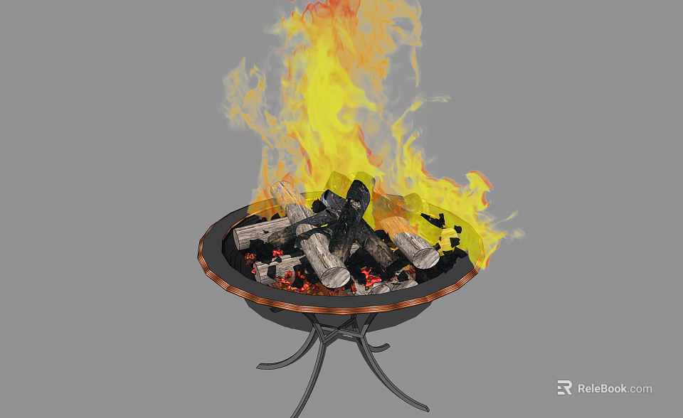 Outdoor Metal Fire Pit With Burning Flames And Wood Logs For Backyard Use 3d model 