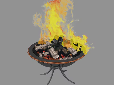Outdoor Metal Fire Pit With Burning Flames And Wood Logs For Backyard Use 3d model