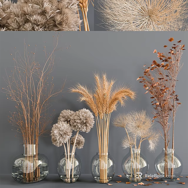 Natural Dried Flower Decorative Ornament Set With Wheat Stems And Glass Vases 3d model 