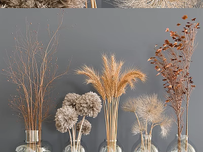 Natural Dried Flower Decorative Ornament Set With Wheat Stems And Glass Vases 3d model