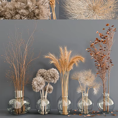 Natural Dried Flower Decorative Ornament Set With Wheat Stems And Glass Vases 3d model