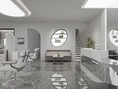 Modern Beauty Salon Interior With Hair Styling Chairs Reception Desk Mirrors And Plants 3d model