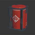 Red Barrel Shaped Weapon With Black Frame And White Symbol Design