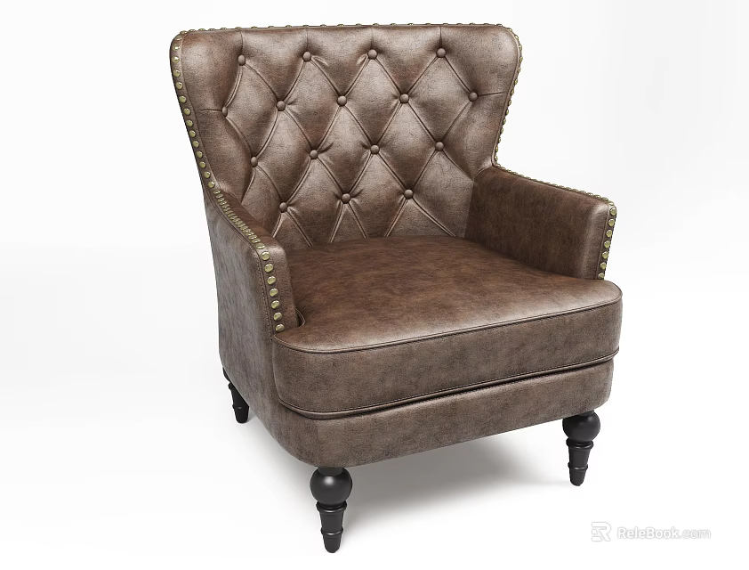 Brown Leather Single Sofa With Diamond Tufted Design And Studded Trim Black Legs 3d model 