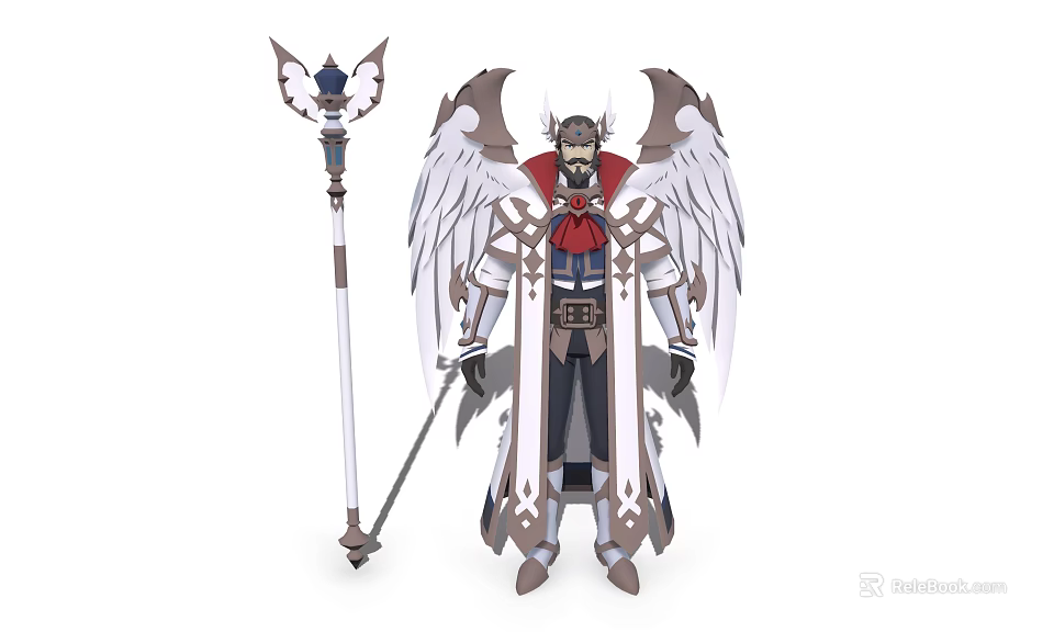 Epic Game Movie Character With Large Wings Ornate Armor Red Accents And Decorative Staff 3d model 