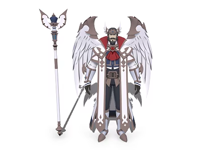 Epic Game Movie Character With Large Wings Ornate Armor Red Accents And Decorative Staff 3d model