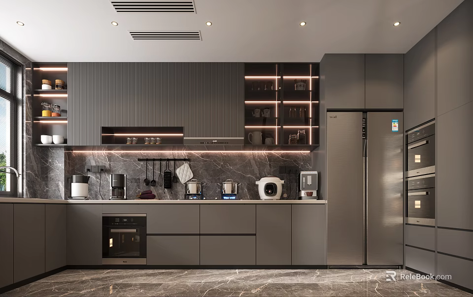 Modern Sleek Kitchen Interior With Dark Gray Cabinets Marble Countertop And Appliances 3d model 