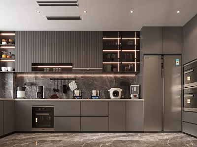 Modern Sleek Kitchen Interior With Dark Gray Cabinets Marble Countertop And Appliances 3d model