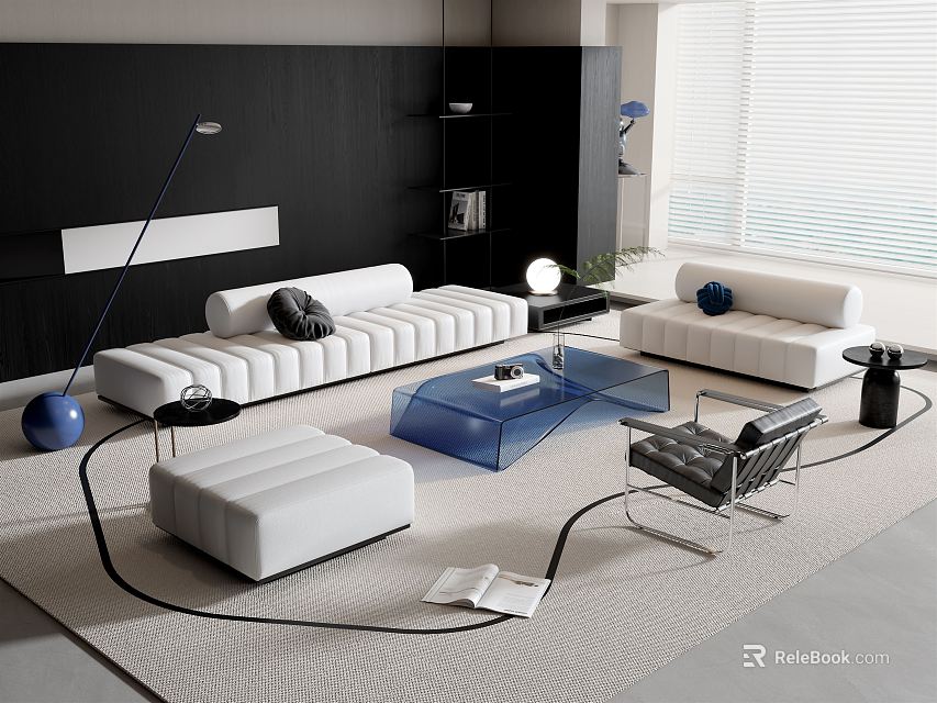 Modern White Sofa and Blue Transparent Coffee Table Set with Ottoman and Floor Lamp 3d model 