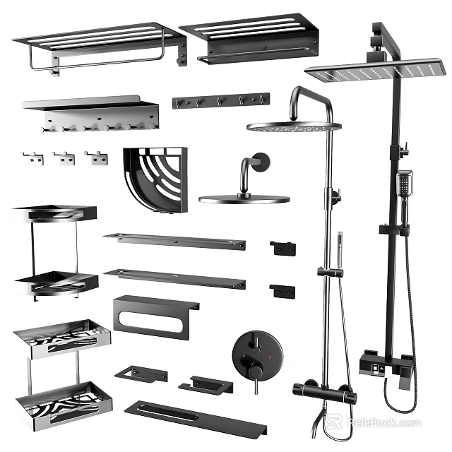 Modern Bathroom Cabinet Rack With Storage Shelves Hooks And Shower Fixtures 3d model 