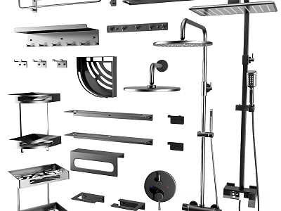 Modern Bathroom Cabinet Rack With Storage Shelves Hooks And Shower Fixtures 3d model