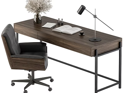 Modern Wooden Office Desk With Black Chair Open Book Notebook Desk Lamp And Vase 3d model