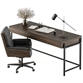 Modern Wooden Office Desk With Black Chair Open Book Notebook Desk Lamp And Vase