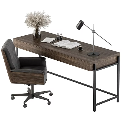 Modern Wooden Office Desk With Black Chair Open Book Notebook Desk Lamp And Vase 3d model