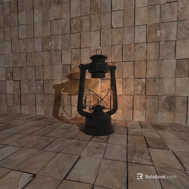 Vintage Black Oil Lamp Glowing With Glass Shade On Wooden Floor And Wall 3d model 