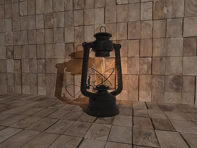Vintage Black Oil Lamp Glowing With Glass Shade On Wooden Floor And Wall 3d model