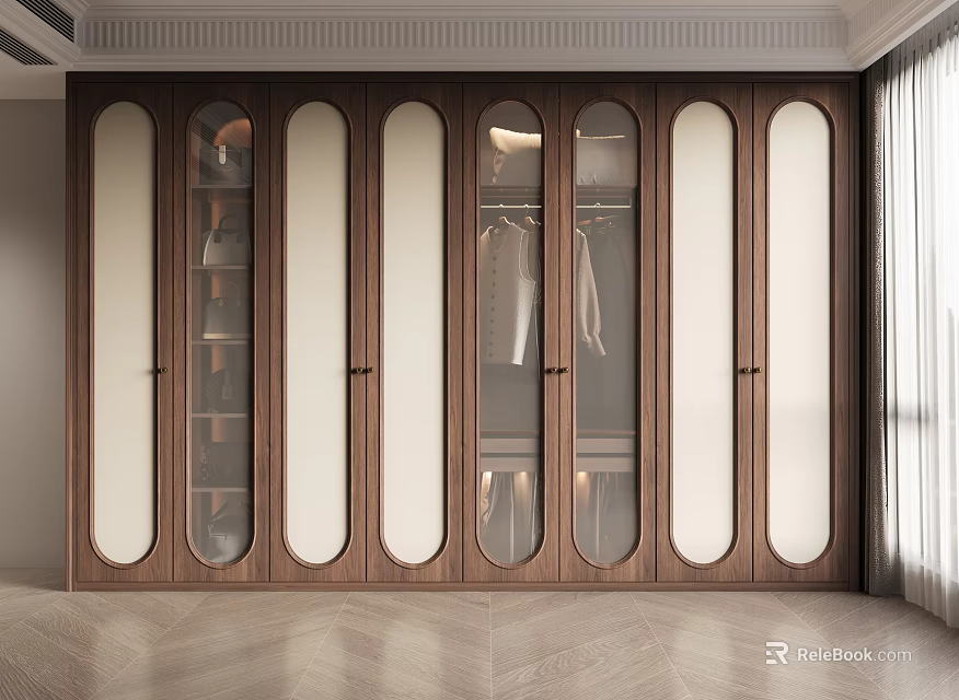 Modern Elegant Wooden Wardrobe With Glass Doors And Multiple Storage Compartments 3d model 
