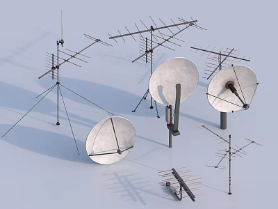 The picture mainly shows various satellite dishes and TV antennas, with no table lamps. Therefore, it is impossible to generate a title with "table lamp" as the main subject based on the picture's key information. 3d model