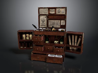 Vintage Wooden Storage Cabinet With Drawers Compartments Bottles Scrolls And Quill Pen 3d model
