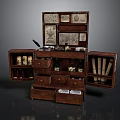 Vintage Wooden Storage Cabinet With Drawers Compartments Bottles Scrolls And Quill Pen