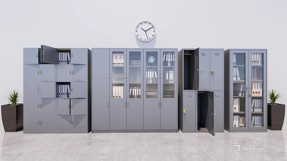 Gray Metal Bookcases with Glass and Metal Doors Open Showing Books Documents and Wall Clock 3d model 