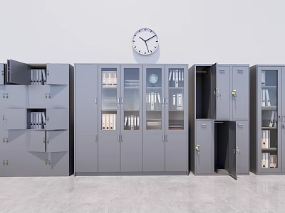 Gray Metal Bookcases with Glass and Metal Doors Open Showing Books Documents and Wall Clock 3d model
