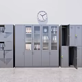 Gray Metal Bookcases with Glass and Metal Doors Open Showing Books Documents and Wall Clock