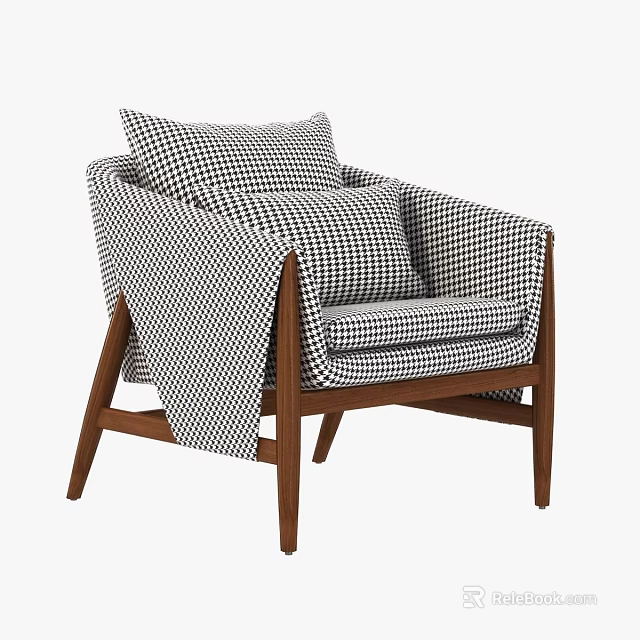 Checkered Fabric Armchair With Modern Wooden Frame Plush Cushions And Decorative Throw 3d model 