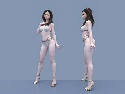 Two Women In Bikini Standing With High Heels On Blue Background 3d model