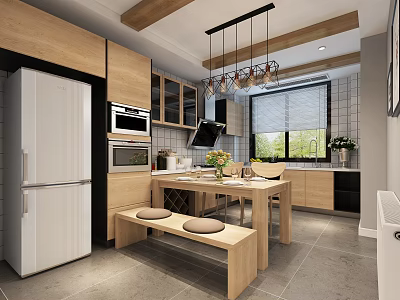 Modern Restaurant Kitchen Interior With Wooden Cabinets Island Counter Chandelier And Dining Table 3d model
