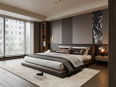 Modern Bedroom Interior With Platform Bed Window Blinds And Marble Wall Art 3d model