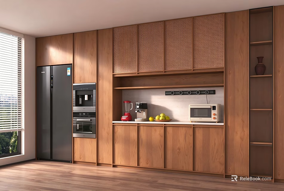 Modern Natural Wood Rattan Side Cabinet With Integrated Kitchen Appliances And Ample Home Storage Spaces 3d model 