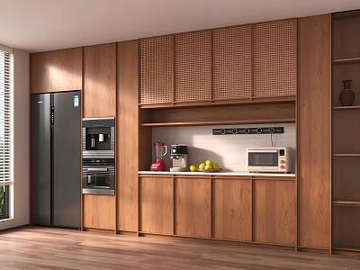 Modern Natural Wood Rattan Side Cabinet With Integrated Kitchen Appliances And Ample Home Storage Spaces 3d model