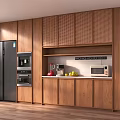 Modern Natural Wood Rattan Side Cabinet With Integrated Kitchen Appliances And Ample Home Storage Spaces