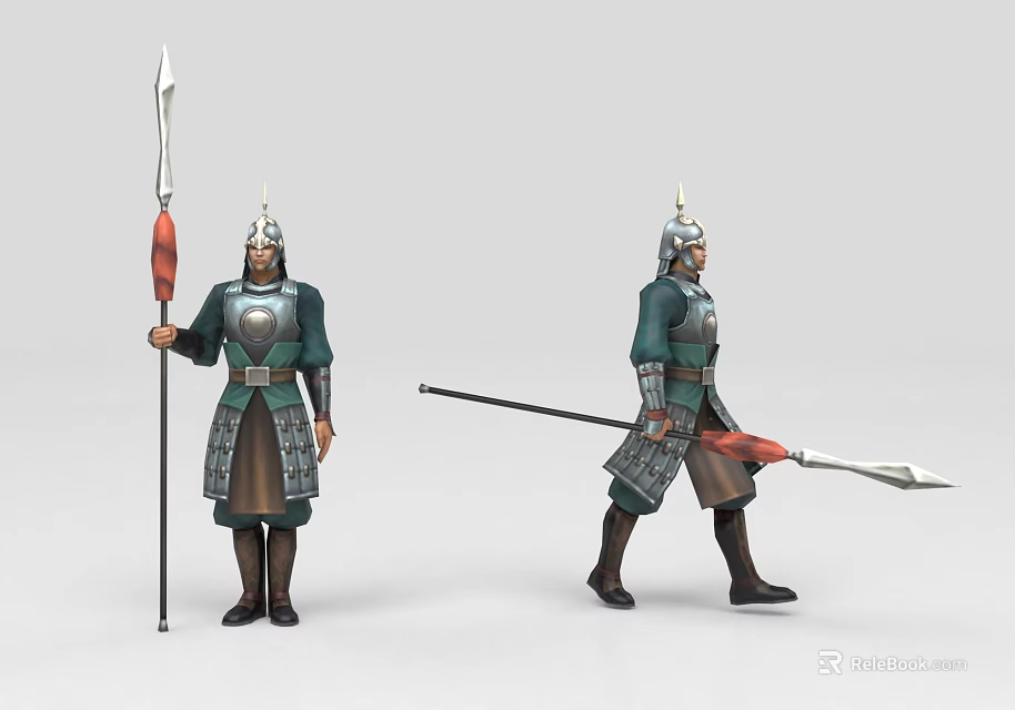 Two Ancient Warrior Characters in Traditional Armor Holding Spears Different Poses 3d model