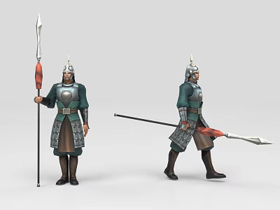 Two Ancient Warrior Characters in Traditional Armor Holding Spears Different Poses 3d model