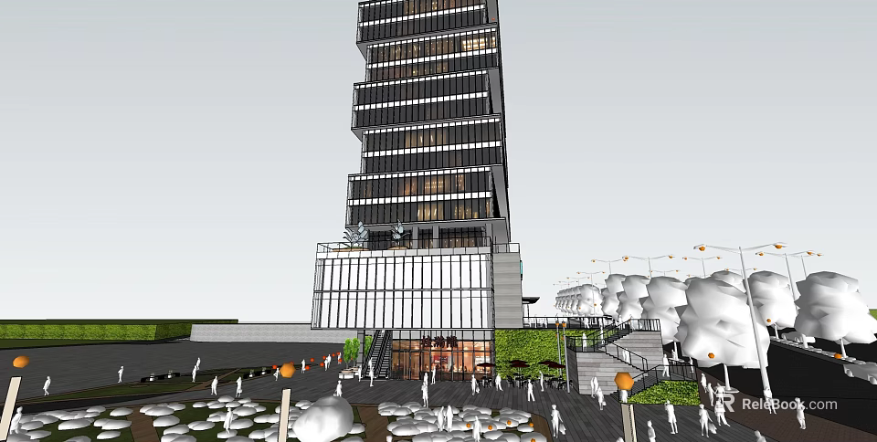 Modern Tall Hotel Building With Glass Facade Ground Floor Entrance And Plaza Greenery 3d model 