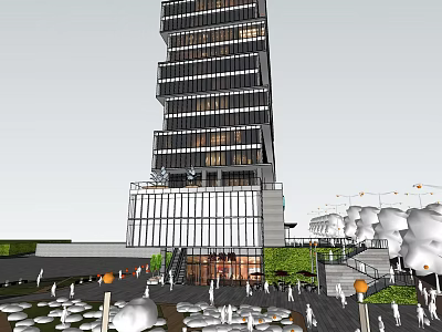 Modern Tall Hotel Building With Glass Facade Ground Floor Entrance And Plaza Greenery 3d model