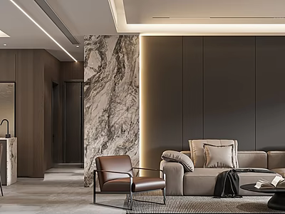 Modern Living And Dining Room Interior With Marble Wall Sofa Accent Chair And Lighting Design 3d model
