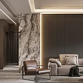 Modern Living And Dining Room Interior With Marble Wall Sofa Accent Chair And Lighting Design