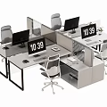 Modern Office Desk Setup With Partitioned Workstations Computer Monitors Digital Clock And Office Chairs 3d model