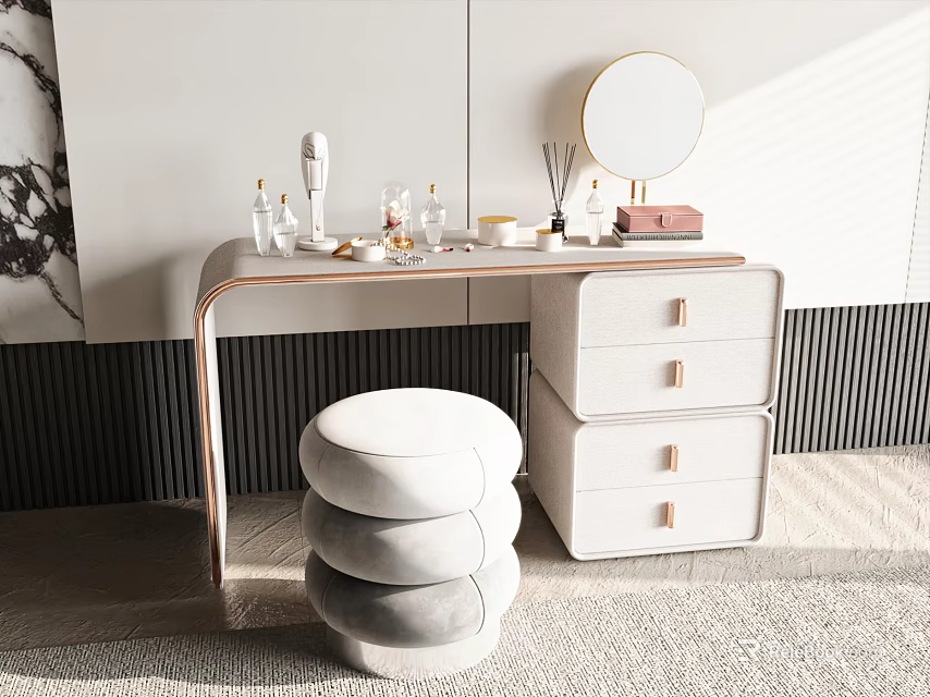 Modern White Dressing Table With Makeup Products Round Mirror And Soft Stool 3d model 