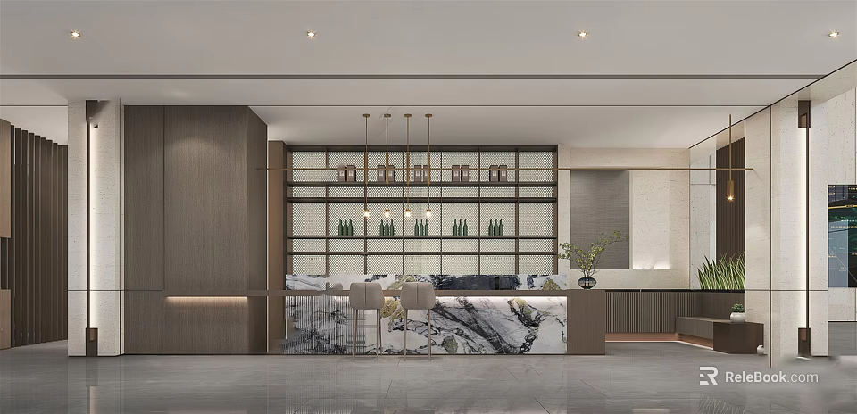 Modern Lounge Area With Marble Countertop Wine Rack And Chandeliers 3d model 