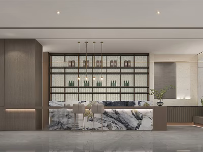 Modern Lounge Area With Marble Countertop Wine Rack And Chandeliers 3d model
