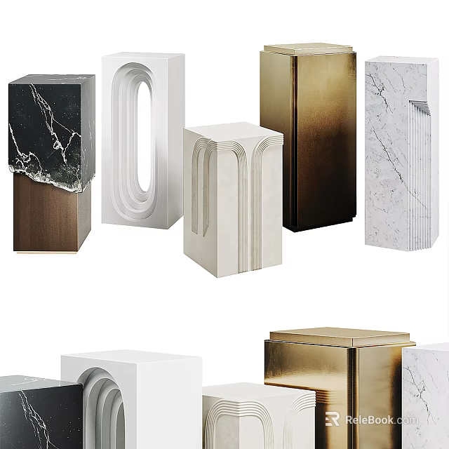 Modern Stylish Side Tables With Marble And Metal Materials Geometric Shapes And Carved Details 3d model 