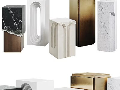 Modern Stylish Side Tables With Marble And Metal Materials Geometric Shapes And Carved Details 3d model